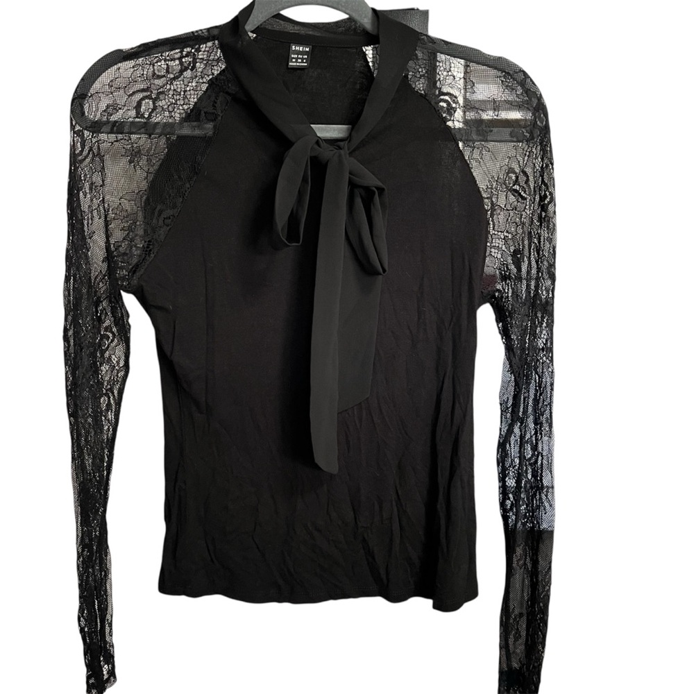 SHEIN Black Long Sleeve Tie Front Blouse